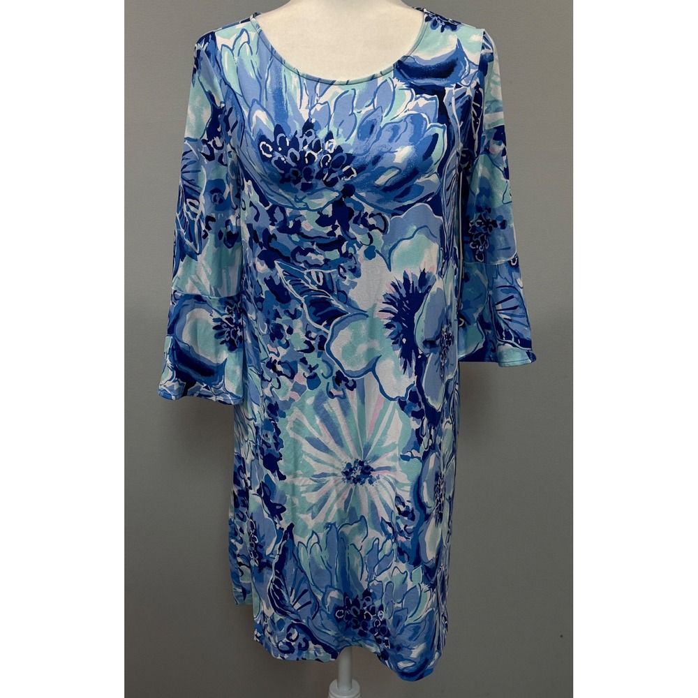 Lilly Pulitzer Ophelia 3/4 Bell Sleeve Swing Dress CatchN Keep Coastal Blue Sz L